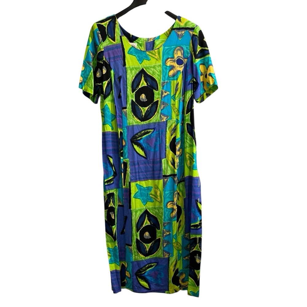 Vintage Romans Dress Womens A4 2X Colorful Patchwork Tropical Floral Maxi Resort